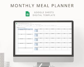 Op de afbeelding: Een computerscherm met een Google Sheets-sjabloon voor een maandelijkse maaltijdplanner en boodschappenlijst. Het sjabloon bevat secties voor ontbijt, lunch, diner en snacks, evenals een boodschappenlijst.