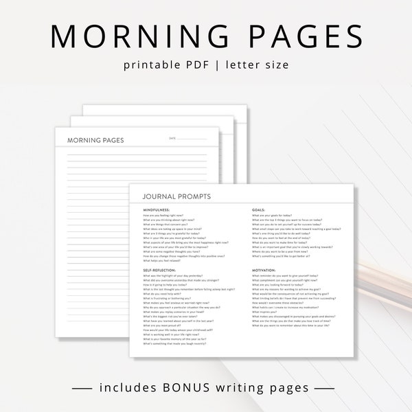 Minimalist Morning Pages PDF with Journal Writing Prompts, Printable Guided Journal Template for Daily Reflection and Mind Dumping