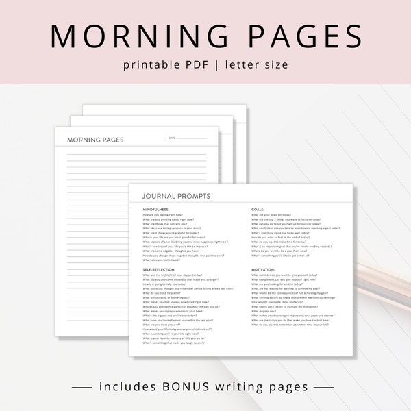 Minimalist Morning Pages PDF with Journal Writing Prompts, Printable Guided Journal Template for Daily Reflection and Mind Dumping