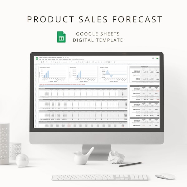 Rastreador de ventas digitales minimalista para gestión de múltiples productos, plantilla interactiva de pronóstico de ventas de Google Sheets para planificación estratégica