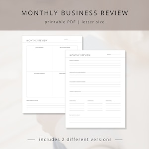 Puede incluir: Dos plantillas imprimibles de revisión empresarial mensual en blanco y negro. La primera plantilla tiene cuatro secciones: Lo que funcionó, Lo que no funcionó, Logros y Necesidades de mejora. La segunda plantilla tiene secciones para Resumen mensual, Aspectos destacados y logros, Desafíos y lecciones aprendidas, Cosas que mejorar, Empezar a hacer, Dejar de hacer y Seguir haciendo.