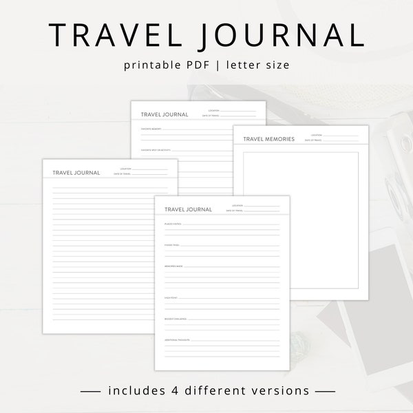 Minimalist Travel Journal PDF Templates for Vacation Memories, Printable Travel Diary for Mindful Daily Reflection, Visual Journal Inserts