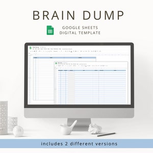 Może przedstawiać: Ekran komputera wyświetlający szablon arkusza kalkulacyjnego Google Sheets zatytułowany "Brain Dump". Szablon zawiera dwie różne wersje arkusza kalkulacyjnego do „wyładowania mózgu”, jedna z kolumnami dla „Data”, „Temat” i „Notatki”, a druga z kolumnami dla „Kategoria”, „Pomysł” i „Notatki”.