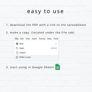 May include: A screenshot of a computer screen showing instructions on how to use Google Sheets. The instructions say to download a PDF with a link to a spreadsheet, make a copy of the spreadsheet, and then start using it in Google Sheets. The screenshot shows the "File" menu in Google Sheets with the option to "Make a copy" highlighted.