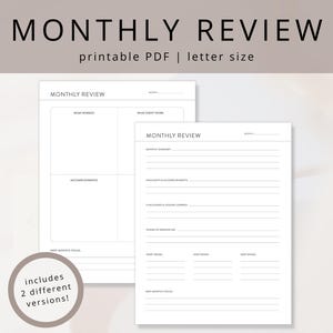 Minimalistische maandelijkse beoordeling pdf-sjabloon voor zelfverbetering en reflectie, afdrukbaar maandelijks reflectiewerkblad voor beoordeling van persoonlijke doelen