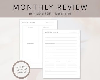 Plantilla PDF de revisión mensual minimalista para superación personal y reflexión. Hoja de trabajo imprimible de reflexión mensual para revisar objetivos personales.