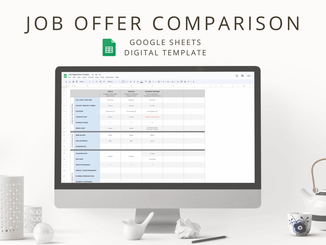 Digital Job Offer Comparison Worksheet for Job Hunting, Interactive