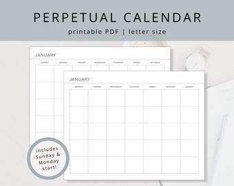 Printable 12-Month Perpetual Desk Calendar -- Sunday or Monday Start: Minimalist Undated Wall Calendar Template (PDF Download)
