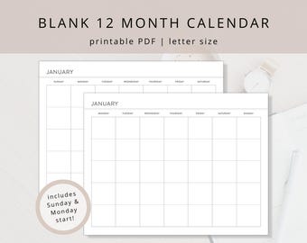 Minimalist Undated 12-Month Perpetual Desk Calendar -- Sunday or Monday Start: Printable Wall Calendar Template (PDF Download)