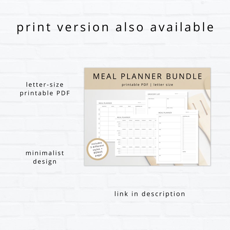 May include: Printable meal planner bundle in a minimalist design. Includes three different styles of meal planners and a grocery list. Letter-size printable PDF.