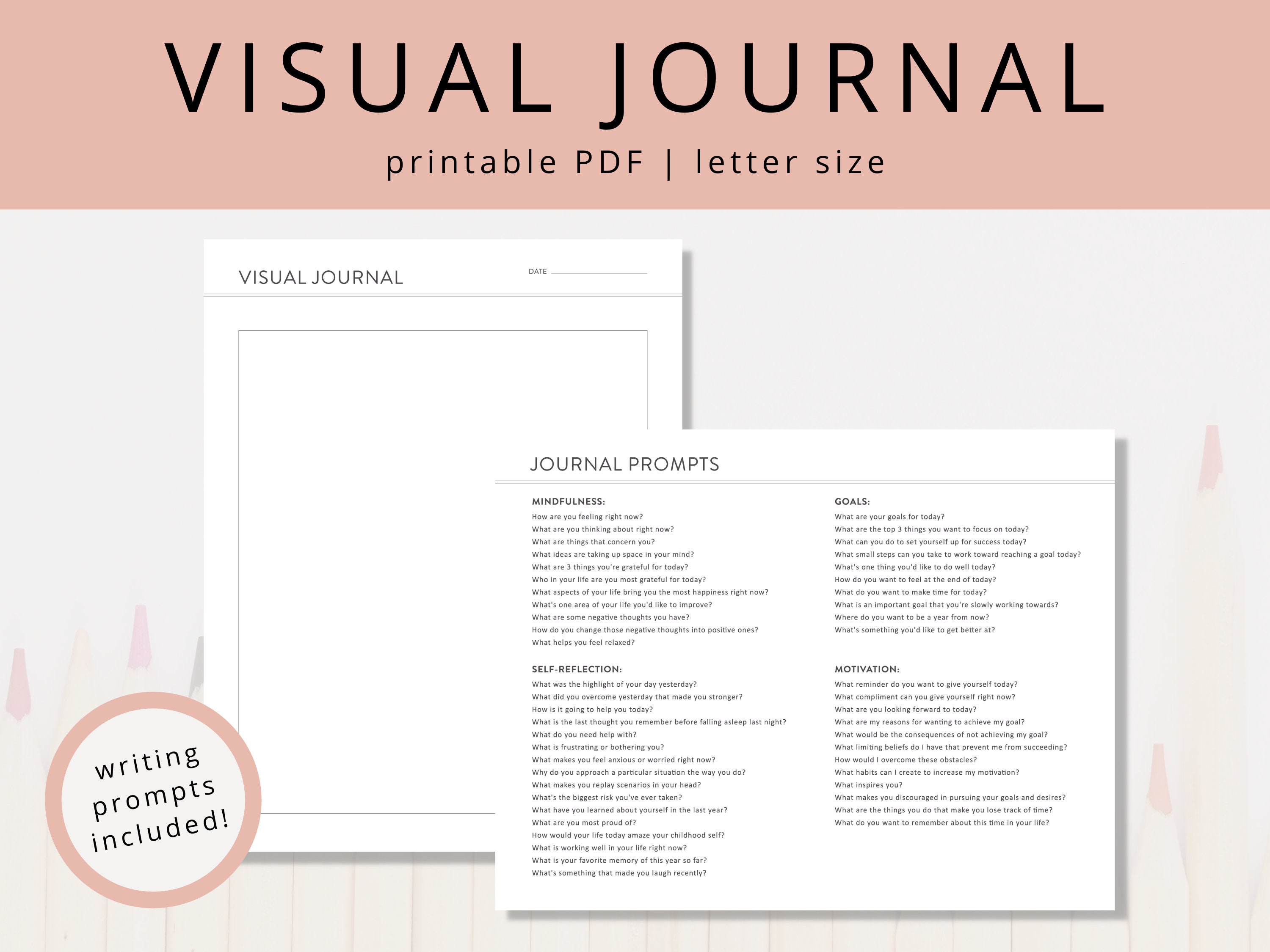 Minimalist Visual Journal PDF with Writing Prompts for Creative Daily Reflection, Printable Guided Journaling Template for Mind Dumping