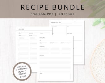 Minimalist Blank Recipe Templates Bundle PDF, includes Grocery List for Food Planning & Recipe Binder Organization, Printable DIY Cookbook