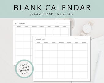 Minimalist Undated Monthly Perpetual Desk Calendar -- Sunday or Monday Start: Printable Wall Calendar Template (PDF Download)