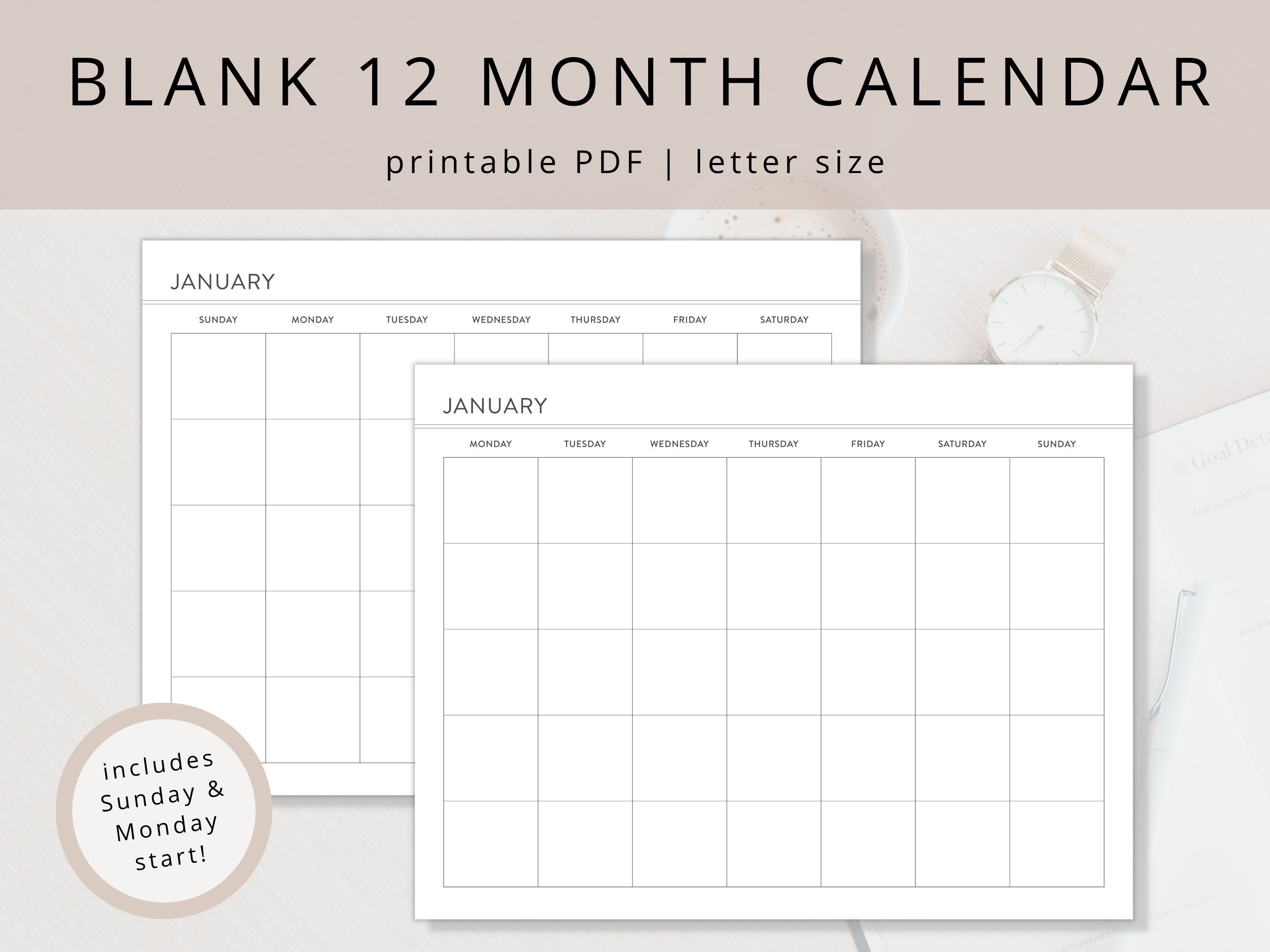 Minimalist Blank 12 Month Desk Calendar PDF with Sunday or Monday Start, Undated Printable Landscape Wall Calendar Template for Day Planning