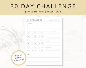 Minimalist 30 Day Challenge Worksheet for Personal Goal Tracking, Printable 30 Day Habit Tracker Template for Self Improvement & Discipline