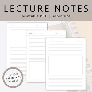 以下が含まれることがあります： 白の印刷可能なPDF講義ノート。罫線と空白のセクションがあります。「LECTURE NOTES」の文字が上にあり、「printable PDF | letter size」が下にあります。円形のグラフィックには「includes 3 different styles!」と書かれています。
