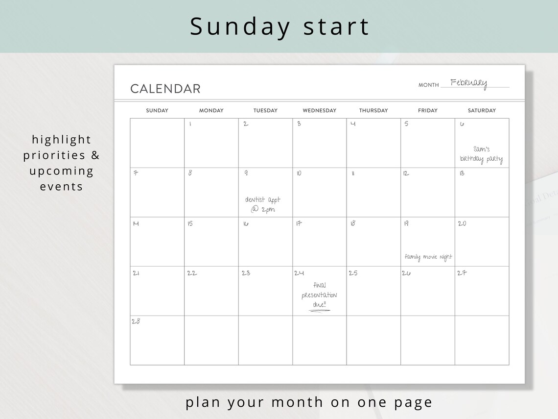Minimalist Blank Monthly Desk Calendar PDF With Sunday or Monday Start ...