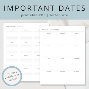 Minimalist Important Dates Tracker PDF for Birthdays, Anniversaries, Holidays and Appointments, Blank Printable Birthday Reminder Insert