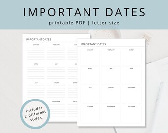 Minimalist Important Dates Tracker PDF for Birthdays, Anniversaries, Holidays and Appointments, Blank Printable Birthday Reminder Insert