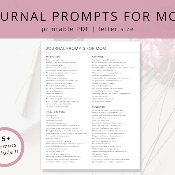 Minimalist Journal Prompts PDF for Moms, Daily Self-Reflection, Mindfulness and Motivation, Printable Writing Ideas for Parenthood