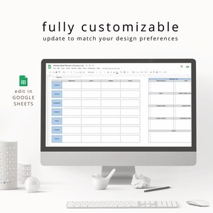 May include: A computer screen displaying a Google Sheets spreadsheet with a weekly meal planner and grocery list. The spreadsheet is titled "Weekly Meal Planner & Grocery List". The spreadsheet is divided into two sections: a meal planner and a grocery list. The meal planner section is divided into days of the week, with columns for breakfast, lunch, dinner, and snacks. The grocery list section is divided into categories, such as dairy, meat, and produce.