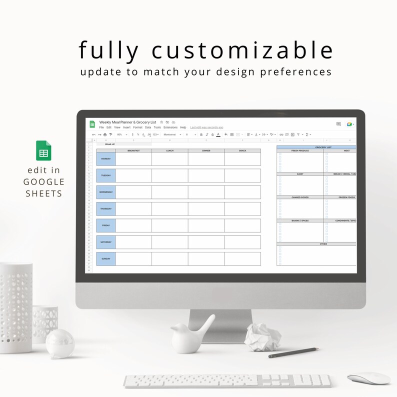 May include: A computer screen displaying a Google Sheets spreadsheet with a weekly meal planner and grocery list. The spreadsheet is titled "Weekly Meal Planner & Grocery List". The spreadsheet is divided into two sections: a meal planner and a grocery list. The meal planner section is divided into days of the week, with columns for breakfast, lunch, dinner, and snacks. The grocery list section is divided into categories, such as dairy, meat, and produce.