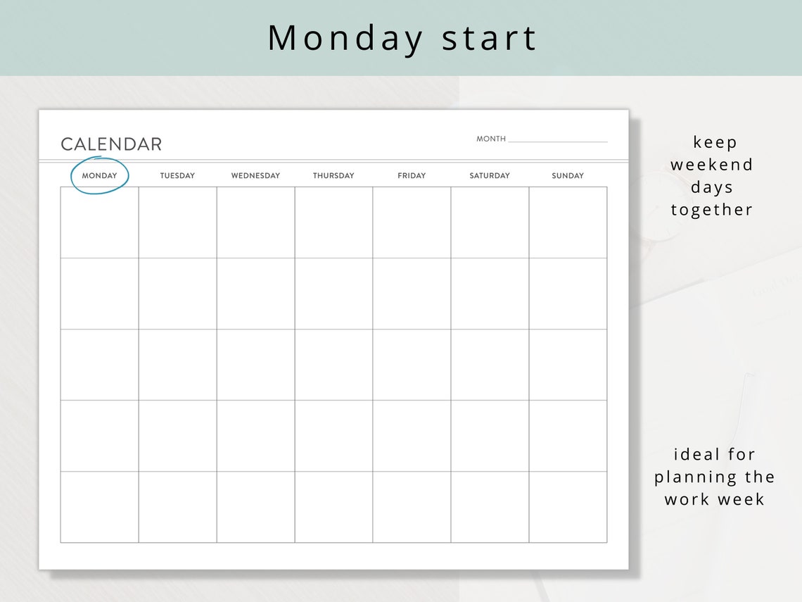 Minimalist Blank Monthly Desk Calendar PDF With Sunday or Monday Start ...