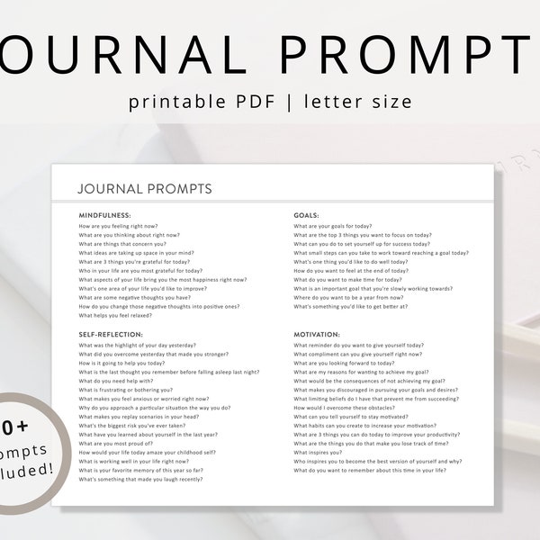 Minimalist Journal Prompts PDF for Daily Self-Reflection, Mindfulness & Motivation, Printable Writing Ideas Insert, Daily Journaling Ideas