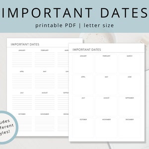Minimalist Important Dates Tracker PDF for Birthdays, Anniversaries, Holidays and Appointments, Blank Printable Birthday Reminder Insert