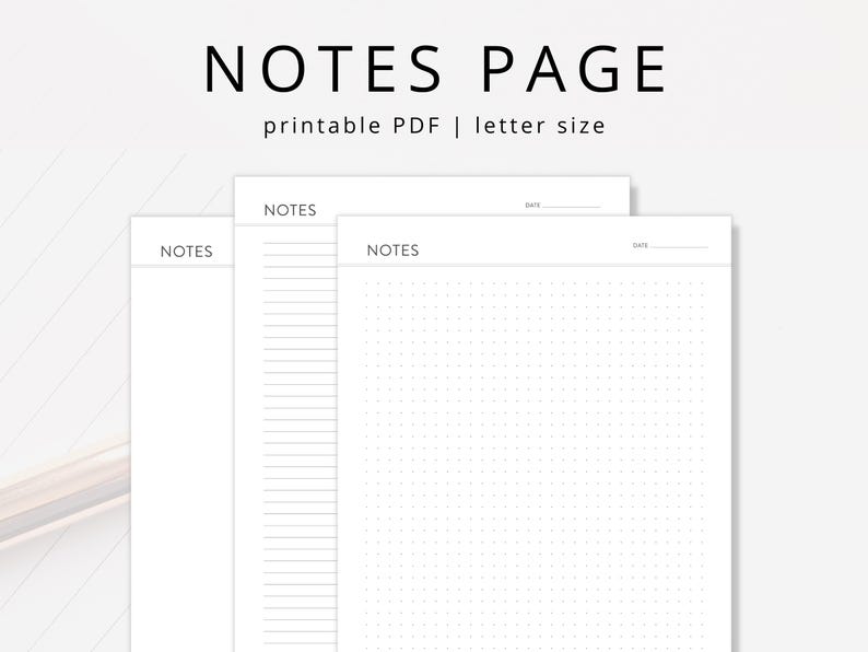 Printable Notes Pages: Lined, Dot Grid & Blank (PDF Download) - Etsy