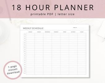 Minimalist Weekly 18 Hour Planner PDF Template For Calendar Blocking, Printable Undated Weekly Schedule and Daily Organizer for Productivity