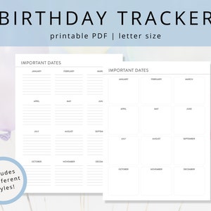 Minimalist Birthday Calendar PDF Template for Remembering Important Dates & Special Occasions, Blank Printable Birthday Tracker and Reminder