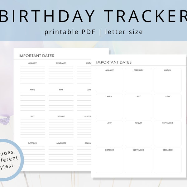 Minimalist Birthday Calendar PDF Template for Remembering Important Dates & Special Occasions, Blank Printable Birthday Tracker and Reminder