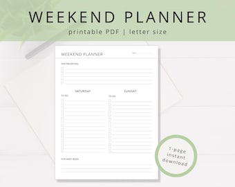 Minimalist Weekend Planner PDF Template for Saturday & Sunday Productivity, Printable Undated 2-Day Weekend Task List for Time Management