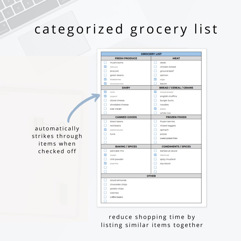 May include: A printable grocery list template with checkboxes for different food categories, including fresh produce, meat, dairy, canned goods, frozen foods, baking and spices, condiments and spices, and other. The text "categorized grocery list" is at the top of the page. The text "automatically strikes through items when checked off" is on the left side of the page. The text "reduce shopping time by listing similar items together" is at the bottom of the page.