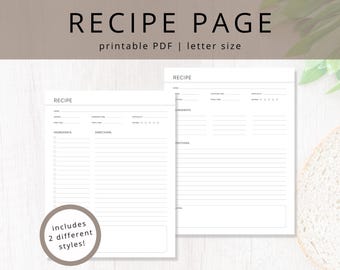 Minimalist Blank Recipe Page PDF Template for DIY Cookbook and Recipe Binder Organization, Printable Food Planner Insert for Healthy Eating