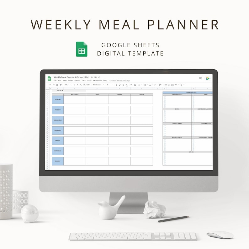 digital weekly meal planner and shopping list template for Google Sheets