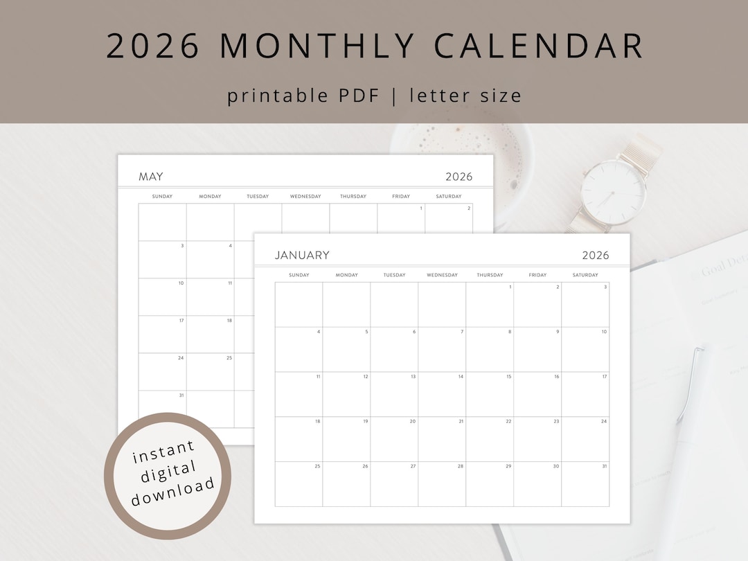 2026 Printable Monthly Wall Calendar - Sunday Start: Minimalist Desk ...