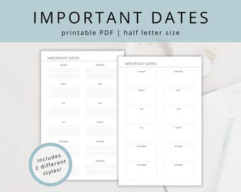 Half Letter Size Important Dates Tracker PDF | Undated Birthday, Anniversary, Holiday & Appointment Reminder | Printable Planner Insert