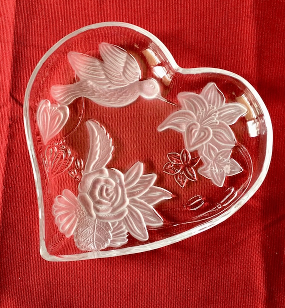 Heart Shape Dish with Frosted and Clear Bird Design