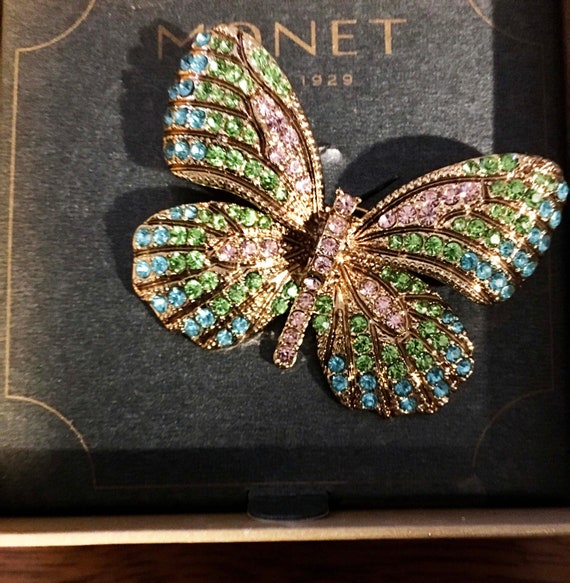 Monet Pastel Rhinestone Butterfly Brooch - Signed  1929