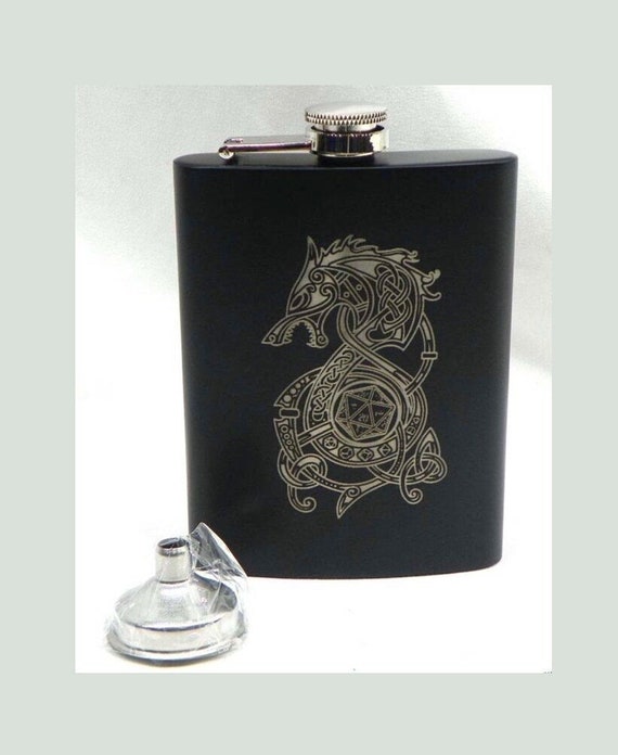 Celtic Wolf Flask with Box Laser Engraved NEW