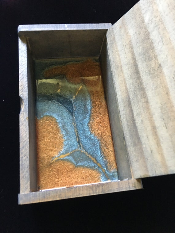 Wooden Box Grey stain with Grey and gold inner Resin