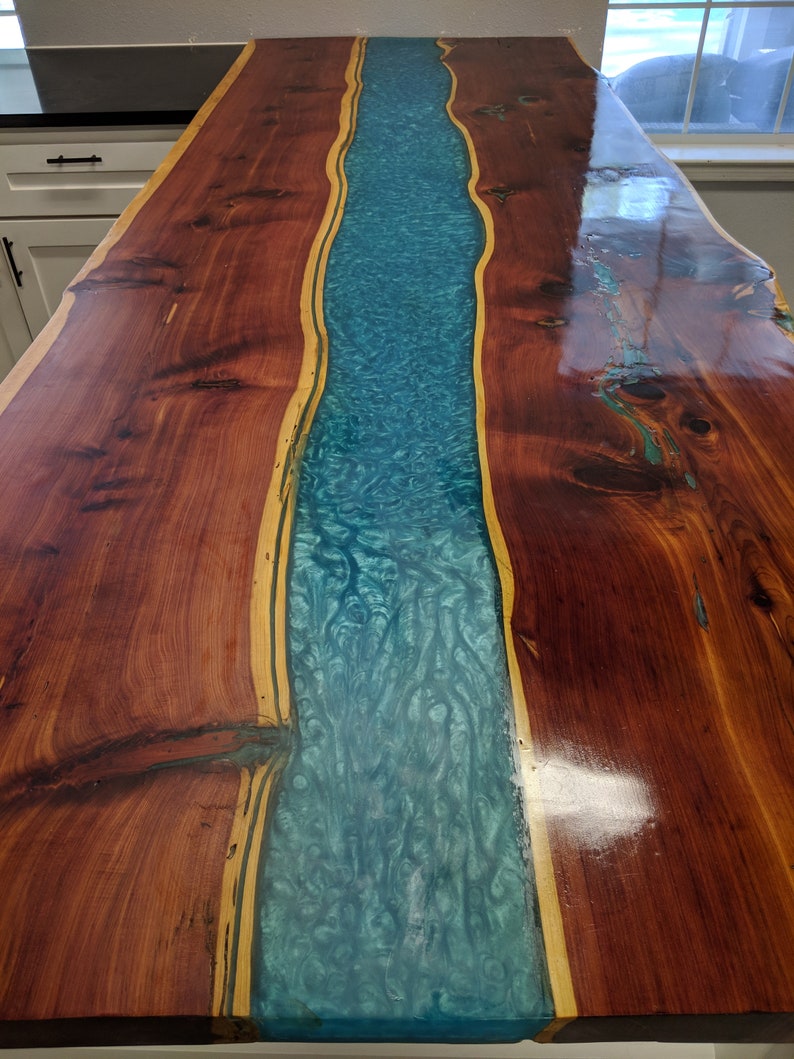 Live edge cedar resin river blue bar top table coffee | Etsy