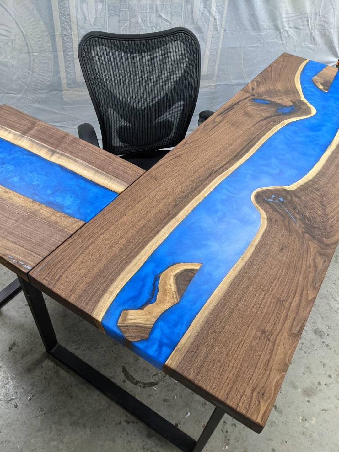 Walnut L-shape Desk – Blue Resin River, Live Edge Wood - Etsy
