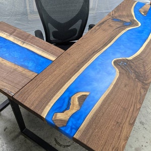 L shape desk - walnut and blue resin river, desktop, live edge, executive, reception, gaming, home office, work from home, corner desk
