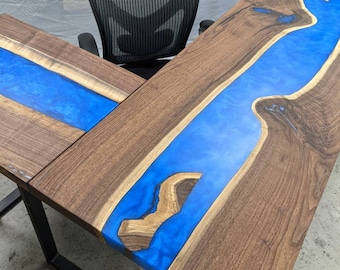 Walnut L-Shape Desk – Blue Resin River, Live Edge Wood