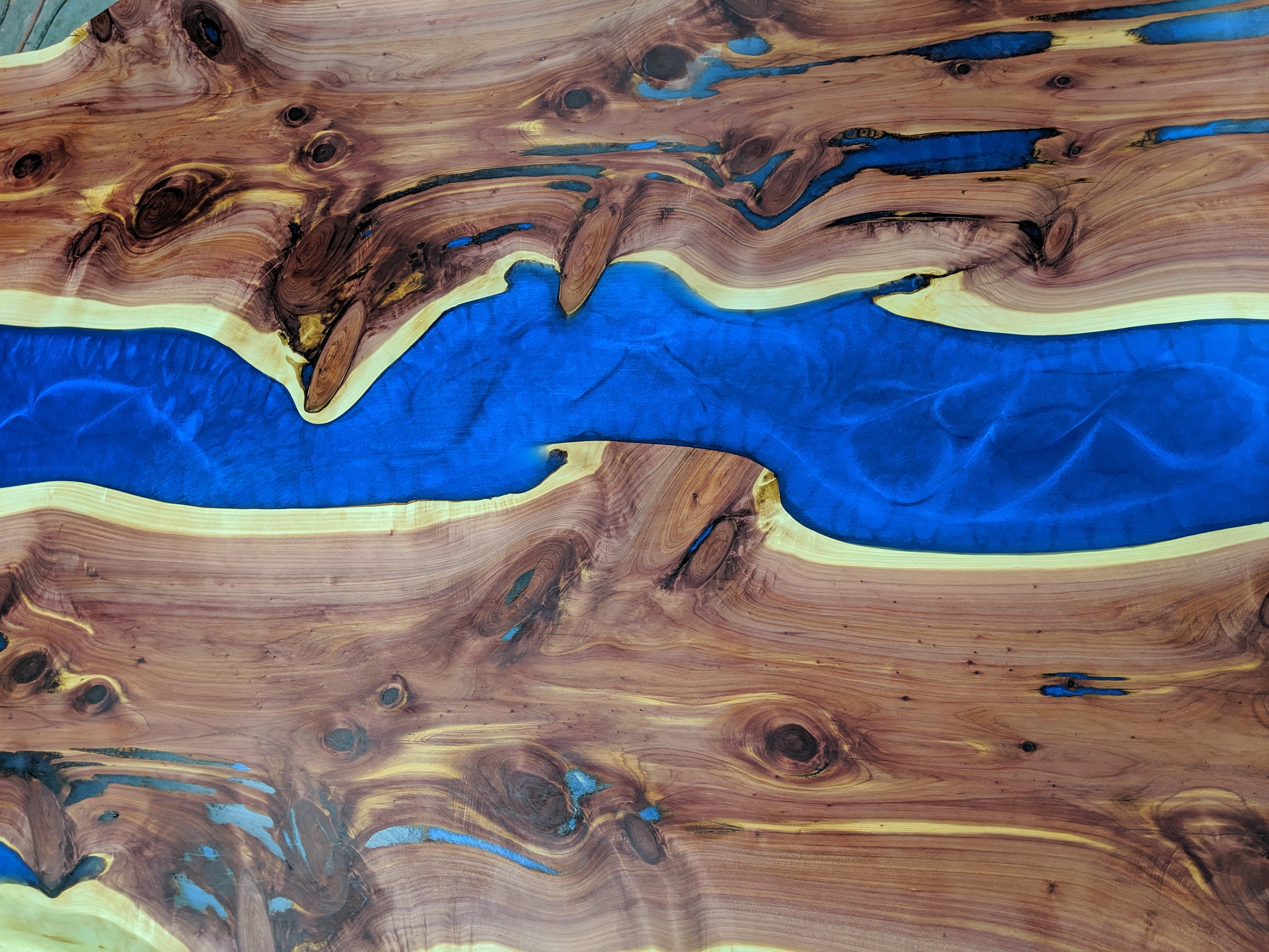 Live Edge Cedar Resin River Dining Table - Turquoise Blue