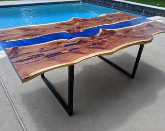 Live Edge Cedar Resin River Dining Table - Turquoise Blue