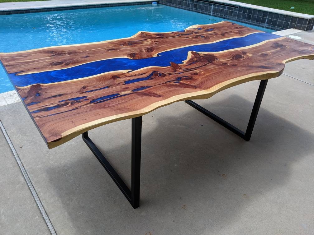 Live Edge Cedar Resin River Dining Table - Turquoise Blue